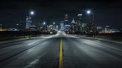 At night, the vacant road contrasts with the glowing city skyline, highlighting the separation between the quiet street and the energetic city beyond.