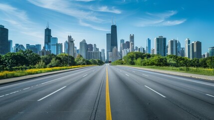 From above, the empty road extends toward or away from the city skyline, providing a unique look at the city's design.