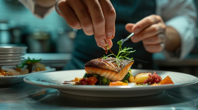 Executive chef plating a gourmet dish at a restaurant kitchen. Fine dining experience captured in natural light. Perfect for culinary magazines and food blogs. High-quality food photography. AI