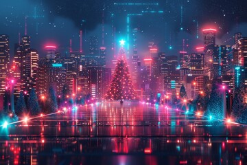 Obraz premium Futuristic New Year celebration with illuminated Christmas tree in a digital cityscape