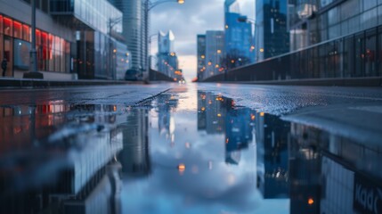 Fototapeta premium The quiet street, with the city's skyline and buildings sparkling in the puddles and damp surface.