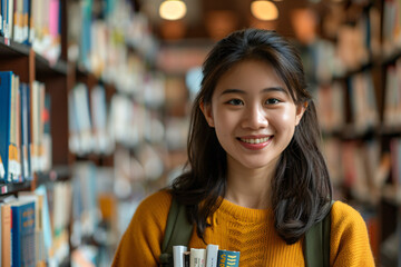 A young student holding books inside a college library