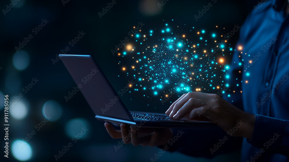 Poster data scientist working on laptop, analyzing information on virtual screen, ai, deep learning, progra