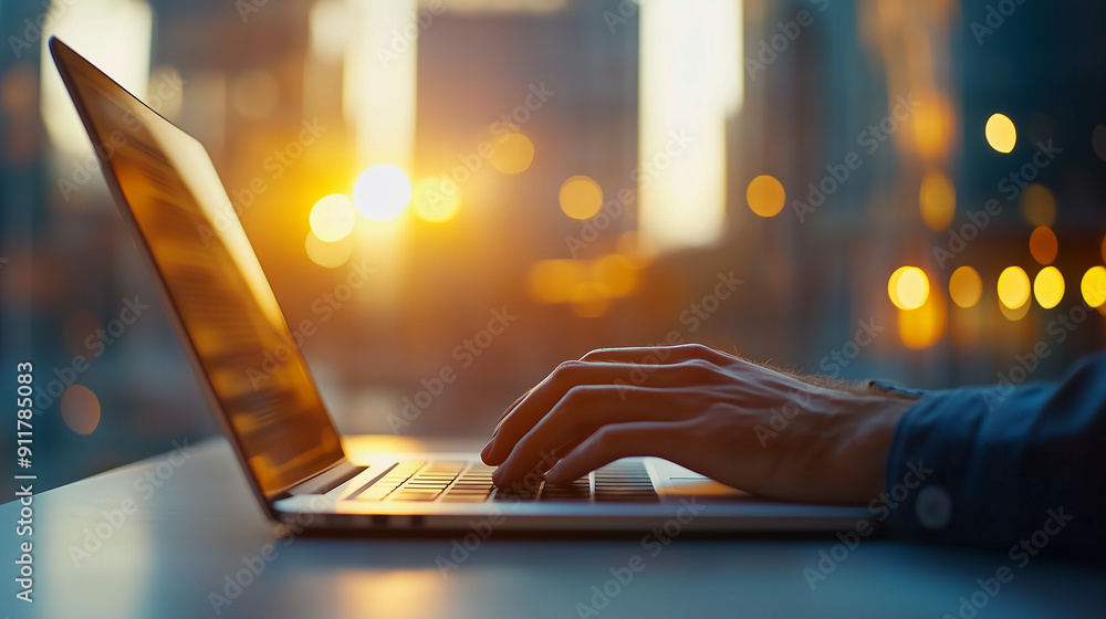 Poster professional using laptop for online document management, database technology, digital workflow, off