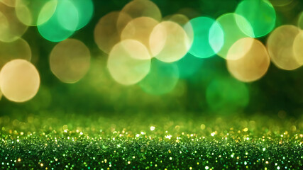 Obraz premium Green glitter bokeh background with sparkling light, abstract defocused texture. Generative AI