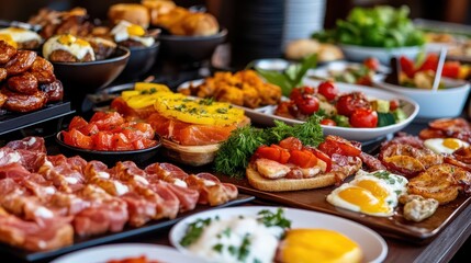 Gourmet breakfast, vibrant colors, delicious dishes, close-up, detailed