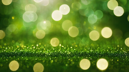 Obraz premium Green glitter bokeh background with sparkling light, abstract defocused texture. Generative AI
