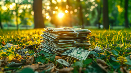 Sizable pile of american dollars rests in a sunlit park