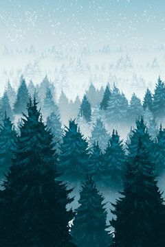 Winter foggy forest illustration