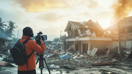 Fototapeta premium Journalist reporting live from a disaster zone, using augmented reality overlays to provide real-time updates and information