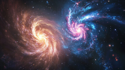 A stunning visual of two galaxies merging, showcasing vibrant colors and swirling stars