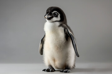 Full shot of baby chick emperor penguin aptenodytes forsteri in studio on gray background