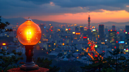 Round street lamp is illuminating the cityscape at dusk with tokyo skytree in the background, copy space