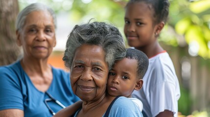 A grandmother lovingly holds her grandchild while mother and another child smile together in a sunny outdoor setting