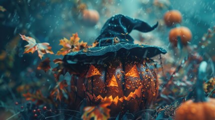 A Halloween pumpkin decorated with a witch's hat, perfect for autumnal celebrations or spooky-themed events