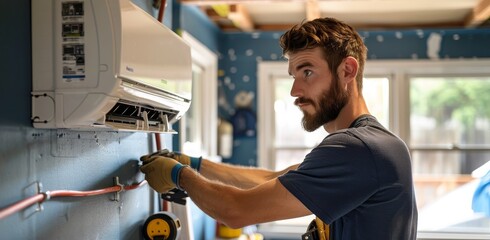 Technician installing air conditioner on a blue wall in a modern home interior