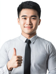 Young Professional Asian Man Giving Thumbs Up in Formal Attire. Isolated on White Background.