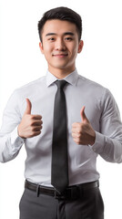 Young Professional Asian Man Giving Thumbs Up in Formal Attire. Isolated on White Background.