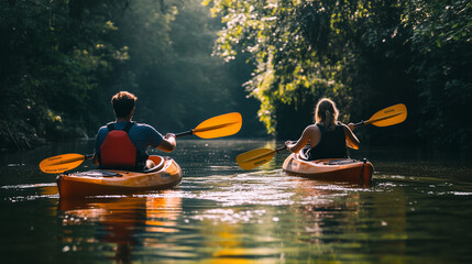 two people kayaking in river