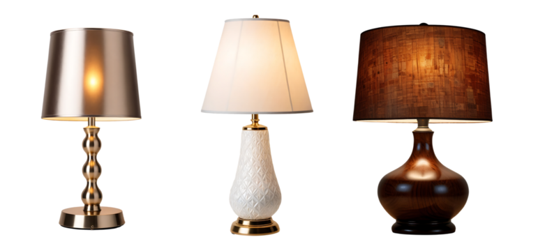 Set of three table lamps on transparent background background, cut out