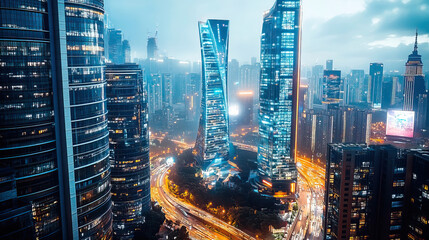 The night landscape of a futuristic city. Tall buildings with illuminated windows and digital billboards. Generative AI