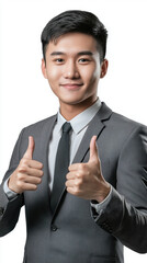 Young Professional Asian Man Giving Thumbs Up in Formal Attire. Isolated on White Background.