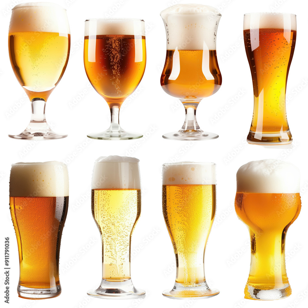 Wall mural set of different beer glasses, cold pint glass with beer and foam isolated on transparent background