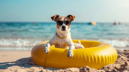 Jack Russel dog resting and relaxing on a swimming ring on the beach, by the ocean, wearing sunglasses generative ai