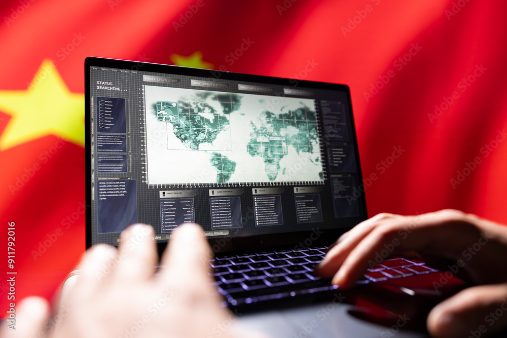 Aufkleber china red army expert conducts tactical reconnaissance, utilizing software on laptop for data analys
