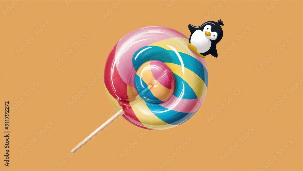 Sticker A lollipop with a penguin on top of it sitting in the middle, AI