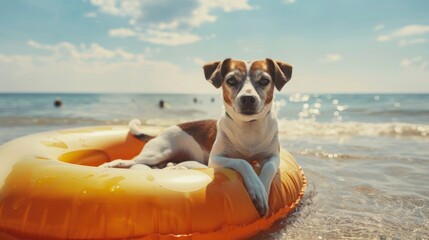 Jack Russel dog resting and relaxing on an air mattress or swimming ring on the beach, by the ocean, generative ai