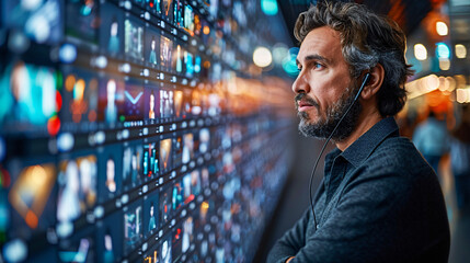 Businessman examines real-time financial data on an interactive digital display