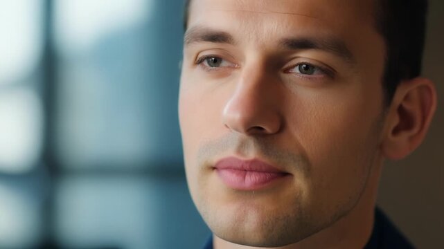 A closeup of the marketing professionals face reveals a calm and composed expression as they handle a difficult situation during a client meeting.