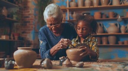 An elderly woman guides a young girl in making pottery together, fostering creativity and connection - Powered by Adobe