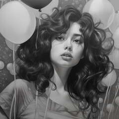Fototapeta premium Black and white portrait of a girl surrounded by balloons in pencil drawing style