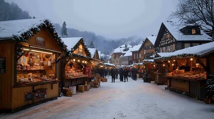 Obraz premium Snowy Evening at a Cozy Christmas Market with Festive Stalls, Twinkling Lights, and Shoppers Bundled Up in Winter Coats Enjoying the Holiday Spirit