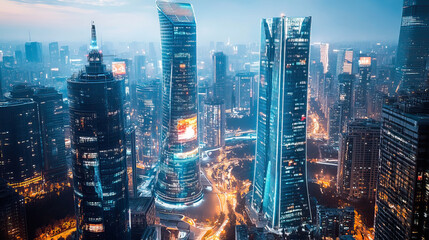 Fototapeta premium The night landscape of a futuristic city. Tall buildings with illuminated windows and digital billboards. Generative AI