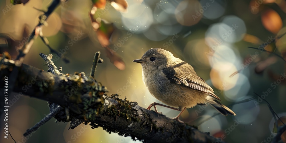 Poster ruby crowned kinglet perched on a tree branch