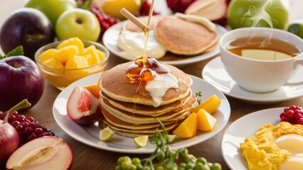 A plate of pancakes, fruit and other breakfast foods on a table, AI