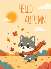 Illustrated card hello autumn with a little wolf against the backdrop autumn landscape © Diana