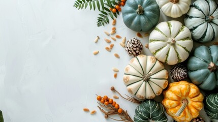 Fototapeta premium Minimalist Thanksgiving background with ceramic pumpkins, foliage and pine nuts generative ai
