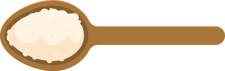 Wooden spoon is containing white rice, ready to be used for a recipe or served