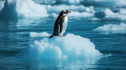 Fototapeta premium Penguin antarctic waters fragile ice climate crisis ecosystem vulnerability small iceberg open ocean global warming change
