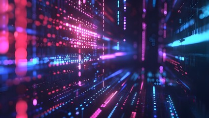 Fototapeta premium A dark background with digital data and code lines glowing in blue, purple, red, pink, white colors.