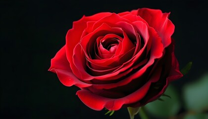 A beautiful red rose with stacked petals and a black background, implying romance and elegance.