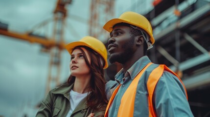 Confident architect and construction manager observe building progress on site, focused teamwork, wearing safety helmets and reflective vests, discussing future project developments.