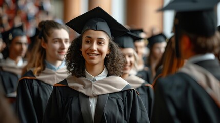 Obraz premium Joyful young biracial woman graduates in academic gown, smiling broadly during ceremony, surrounded by classmates, proud moment celebrating achievement, excitement fills atmosphere.