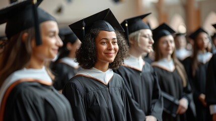 Fototapeta premium Joyful biracial woman smiles in graduation gown, surrounded by diverse classmates in caps, celebrating academic achievements during commencement ceremony.