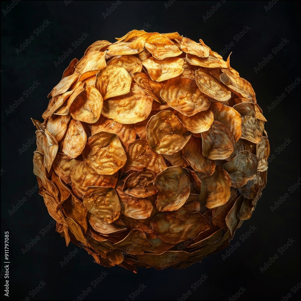 Poster golden leafed sphere against dark background conceptualizing nature and texture. close-up of intrica
