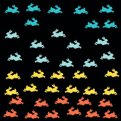 Cute rabbits pattern. Colourful rabbits, dark background. Spring print for wrapping paper, textiles, wallpaper. Seamless vector pattern